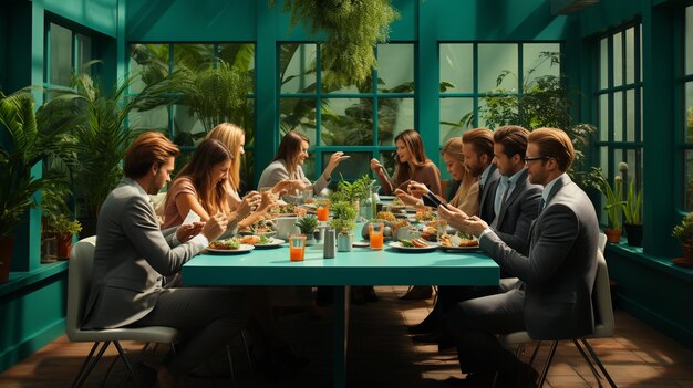 group of multiethnic friends sitting in the cafe and having fun with a glass of juice