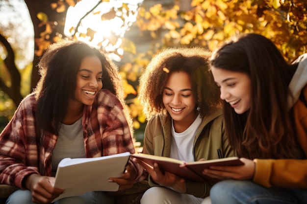 Photo group of multiethnic students preparing for exam