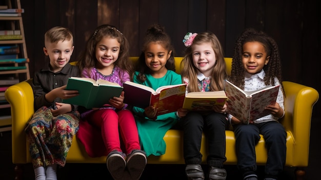 Photo group of multiethnic students reading books together sitting on a big pencil