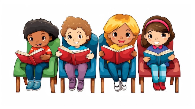 Group of multiethnic students reading books together sitting on a big pencil