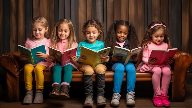 Photo group of multiethnic students reading books together sitting on a big pencil