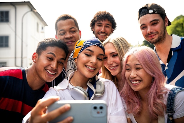 Foto gruppo di adolescenti multietnici che trascorrono del tempo all'aperto e si divertono