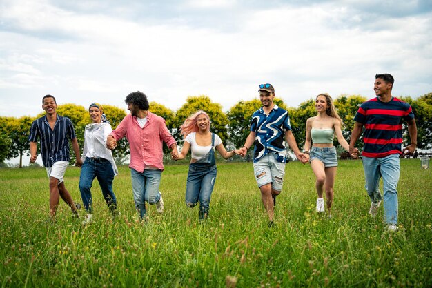 Group of multiethnic teenagers spending time outdoor on a picnic at the park