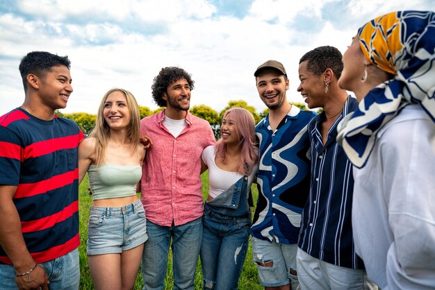 Group of multiethnic teenagers spending time outdoor on a picnic at the park