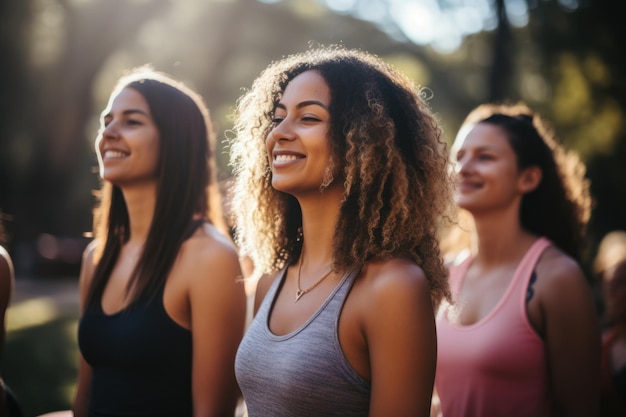 Photo group of multiethnic women stretching arms outdoor yoga