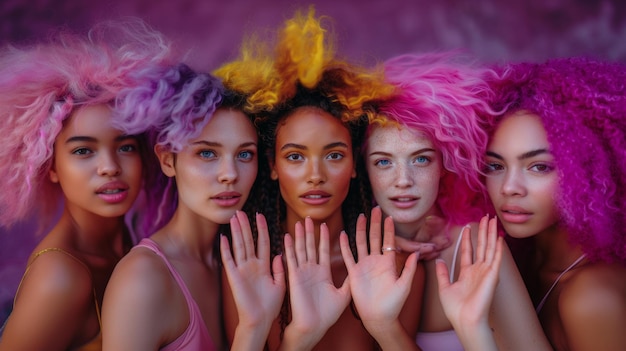 Group of multiethnic women with colorful hairstyle and bright makeup