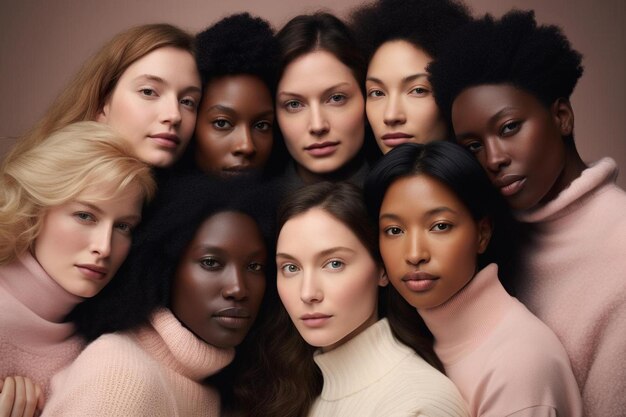 group of multiethnic women with different kind of skin posing together in studio concept about body