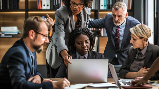 A group of multiracial business professionals in suits and formal business attire are gathered around a laptop in a conference room discussing a proj