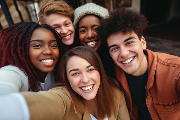Photo group of multiracial friends taking selfie picture