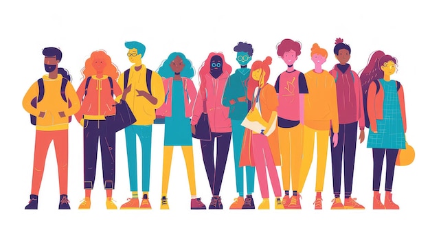 A group of multiracial and multicultural young people students Young girls and boys with books and folders stand in a row