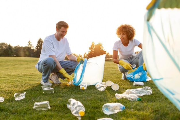 Foto un gruppo di persone multirazziali con guanti e sacchetti della spazzatura rimuovono la plastica e la spazjatura nel parco