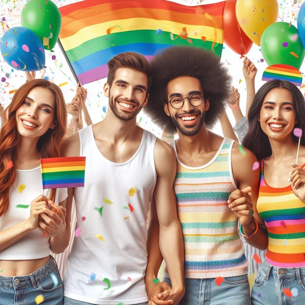 Group of multiracial people having fun at city park with LGBT rainbow flag