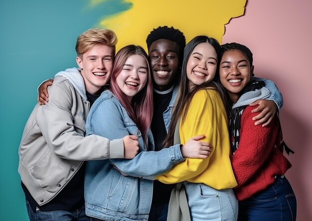 Group of multiracial teenagers happily hugging AI generate