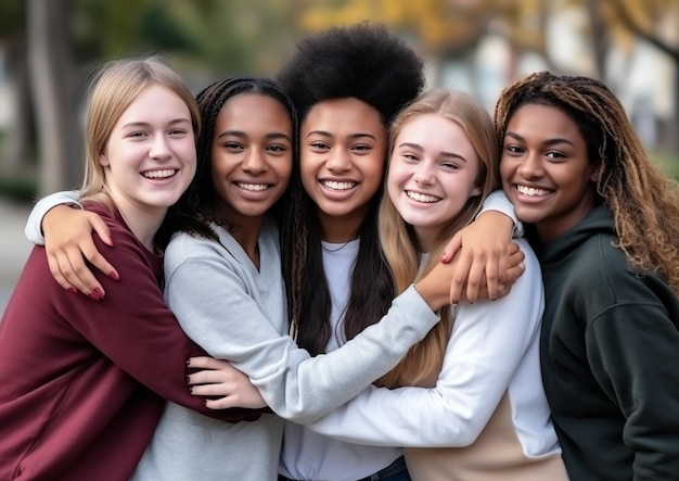 Group of multiracial teenagers happily hugging AI generate