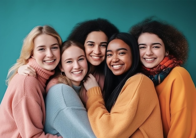 Group of multiracial teenagers happily hugging AI generate