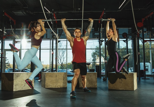 A group of muscular athletes doing workout at the gym. Gymnastics, training, fitness workout flexibility. Active and healthy lifestyle, youth, bodybuilding. Training upper body with weight, teamwork.