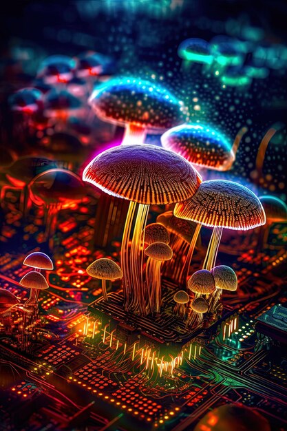 a group of mushrooms are on a board with a purple background