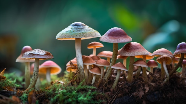 A group of mushrooms are in a forest