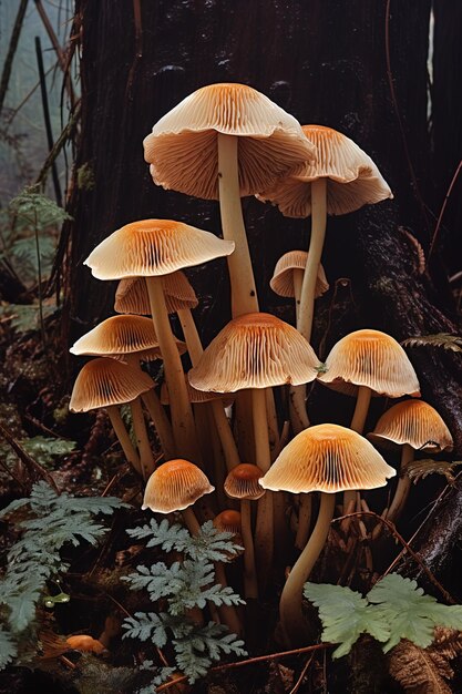 Photo a group of mushrooms are growing on a tree trunk