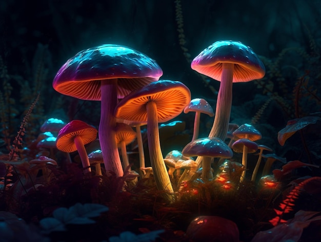 A group of mushrooms in a dark forest with glowing lights.