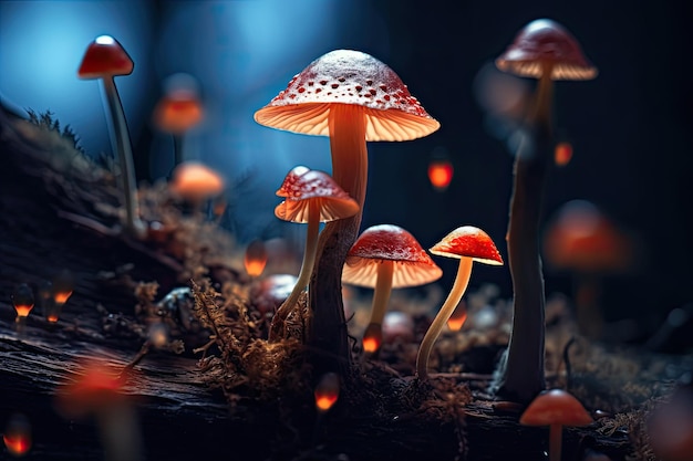 A group of mushrooms in a dark forest