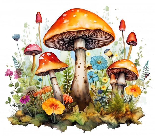 A group of mushrooms and flowers