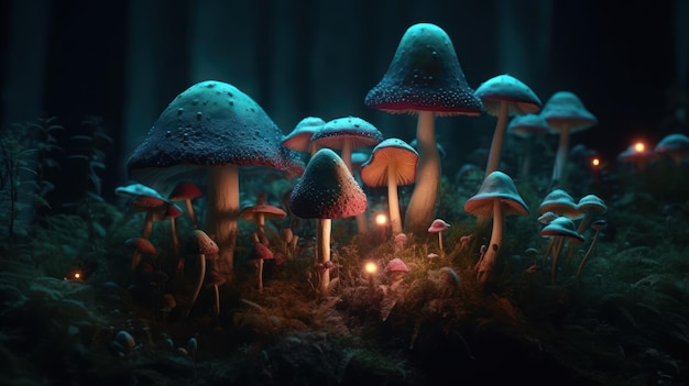 어둠 속에서 빛나는 버섯 무리