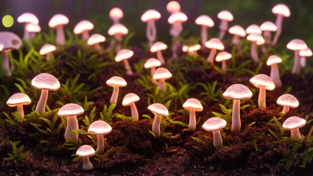 Photo group of mushrooms glowing in a forest with ferns beside them