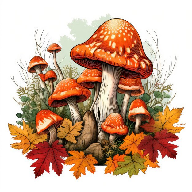 Photo group of mushrooms on pile of leaves