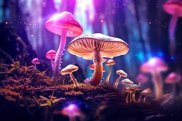 a group of mushrooms sitting on top of a forest