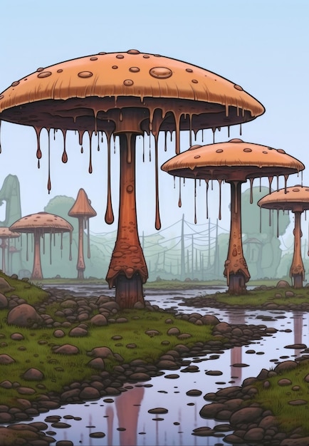 A group of mushrooms sitting on top of a lush green field ai