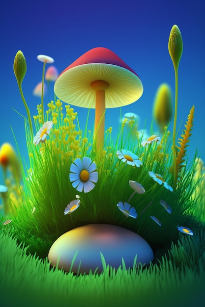 Group of mushrooms sitting on top of a lush green field generative ai