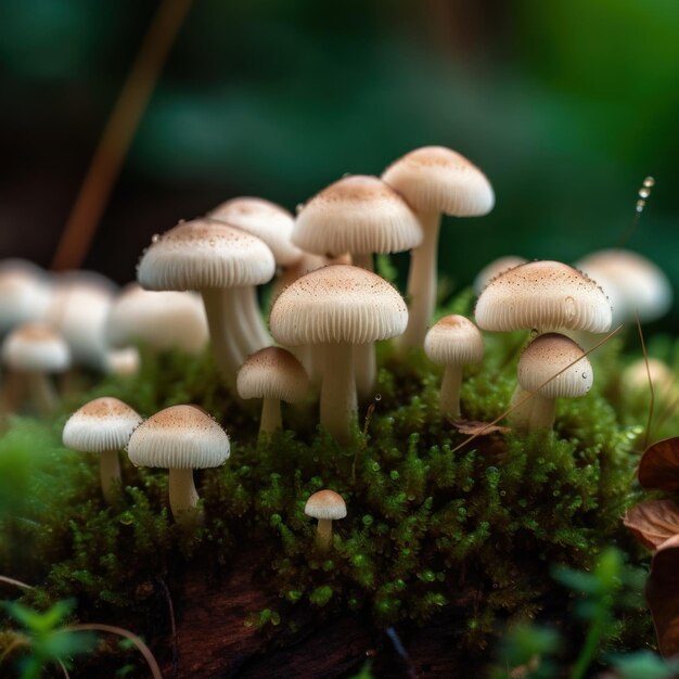 A group of mushrooms sitting on top of a lush green forest Generative AI image