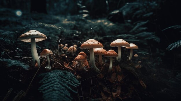 A group of mushrooms sitting on top of a lush green forest Generative AI image