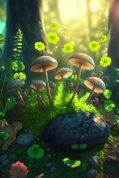 Group of mushrooms sitting on top of a lush green forest generative ai