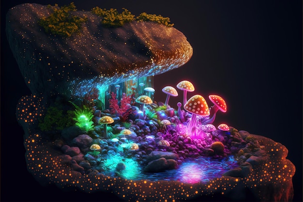 Group of mushrooms sitting on top of a lush green hillside generative ai