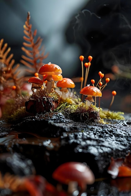 a group of mushrooms sitting on top of a moss covered ground