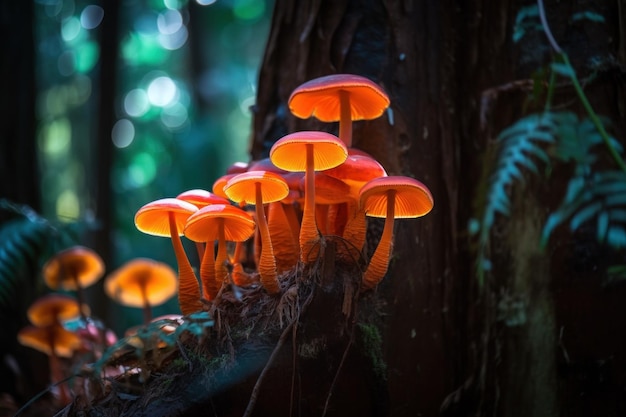 A group of mushrooms sitting on top of a tree generative ai image