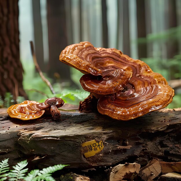 A group of mushrooms sitting on top of a tree stump in the forest with a forest background and a