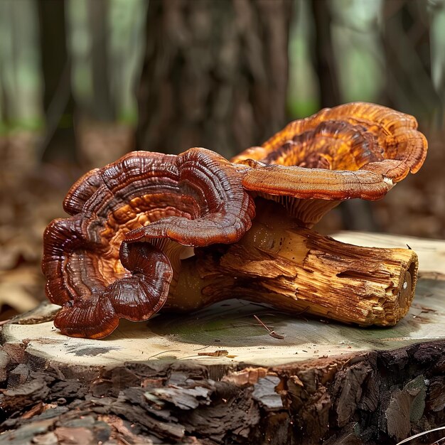 A group of mushrooms sitting on top of a tree stump in the woods with a forest background behind