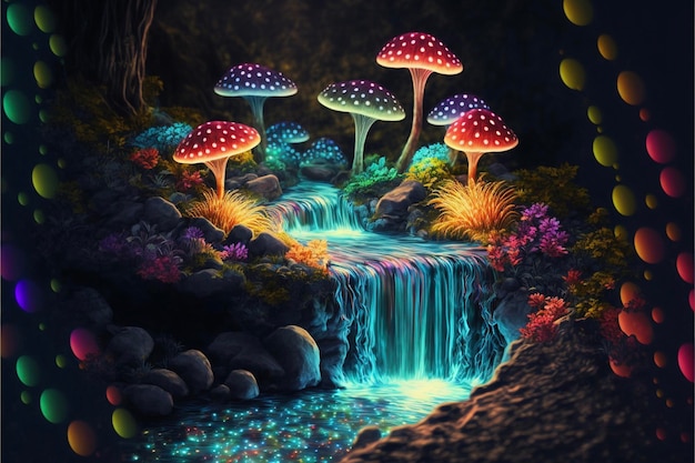 Group of mushrooms sitting on top of a waterfall generative ai