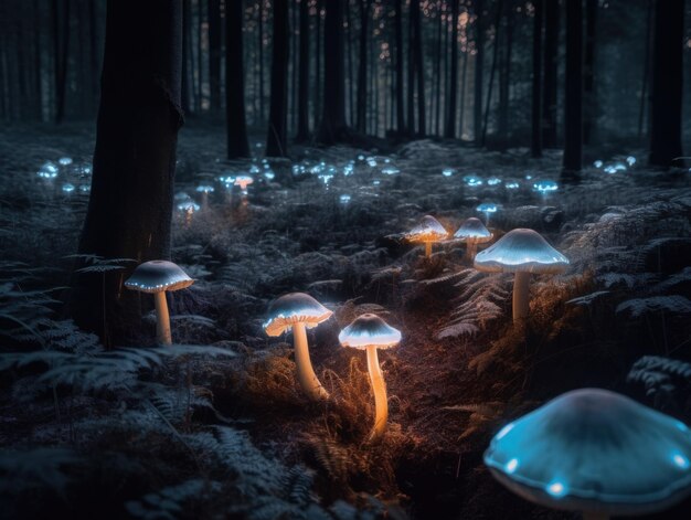 A group of mushrooms that are glowing in the dark generative ai image