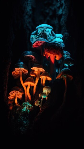 A group of mushrooms that are glowing in the dark generative ai image