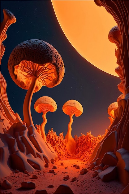 Group of mushrooms that are standing in the dirt generative ai