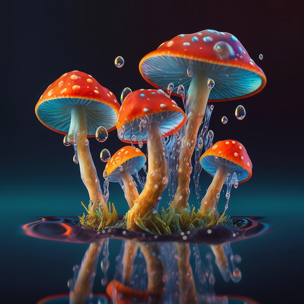a group of mushrooms that are in the water with water drople generative AI