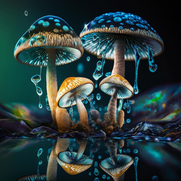 a group of mushrooms that are in the water with water droples generative AI