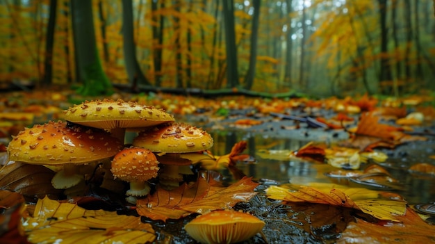 Photo a group of mushrooms that are on a wet forest floor