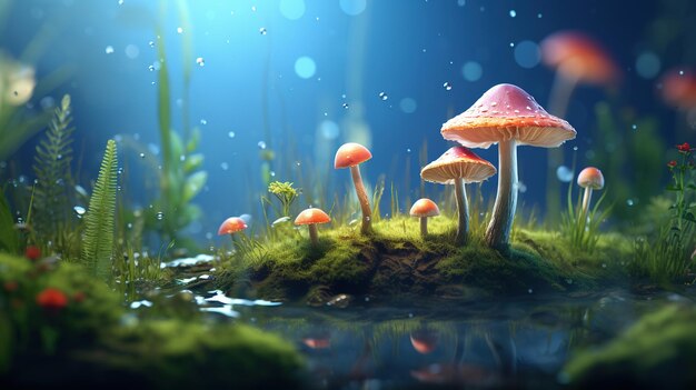A group of mushrooms in the water with the water in the background.