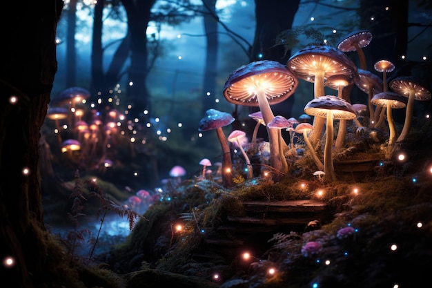 a group of mushrooms with lights on them