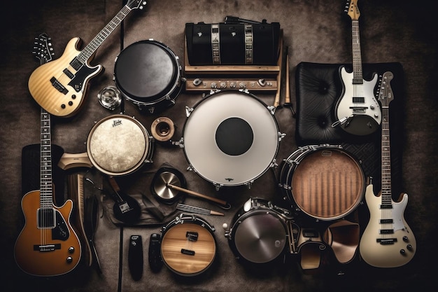 Foto gruppo di strumenti musicali tra cui un tamburo per chitarra, una tastiera e un tamburello